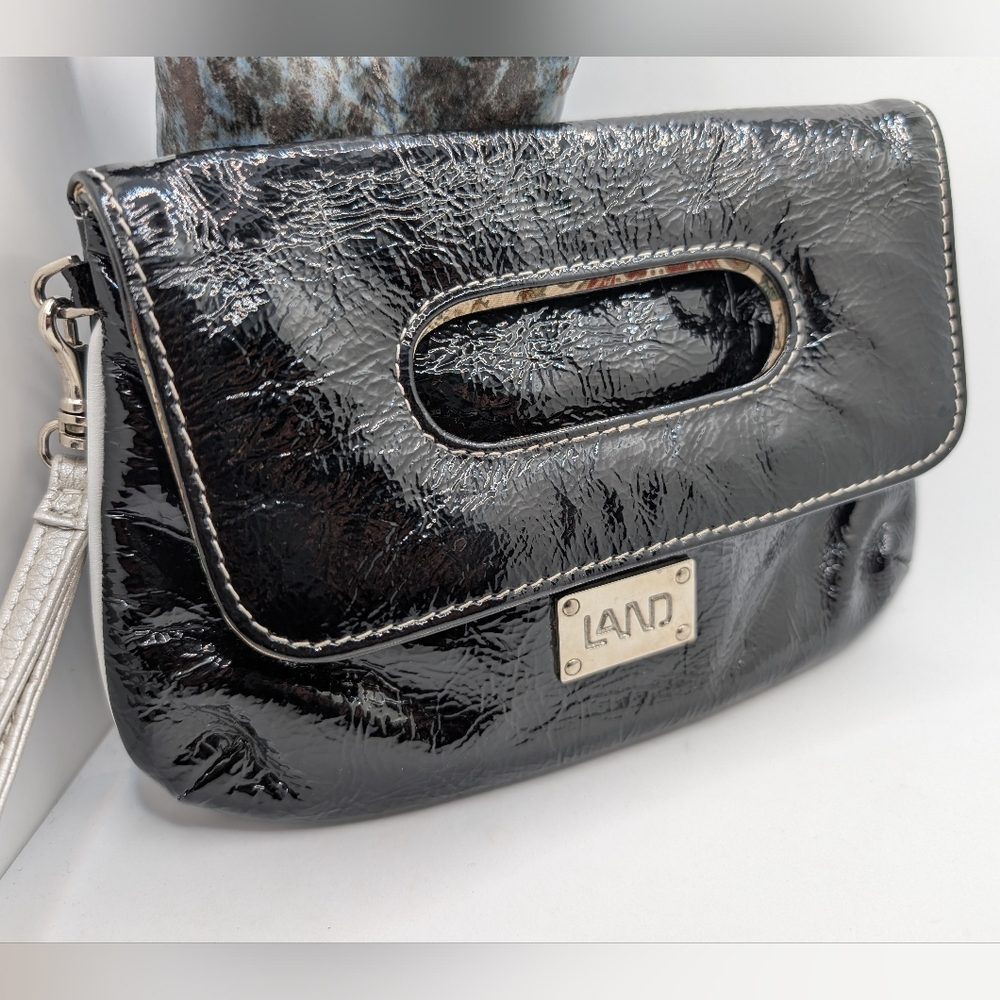 LAND Black Patent Leather Fold Flap Wristlet
